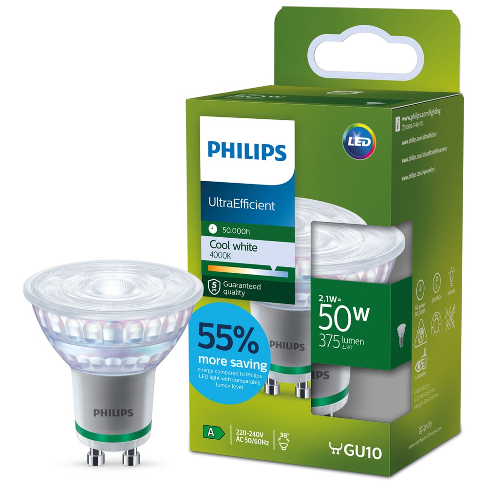 Spot LED PHILIPS, 2.1W, 375lm, IP20, lumina neutra, transparent