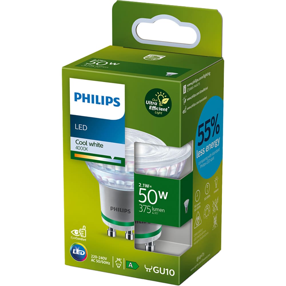 Spot LED PHILIPS, 2.1W, 375lm, IP20, lumina neutra, transparent