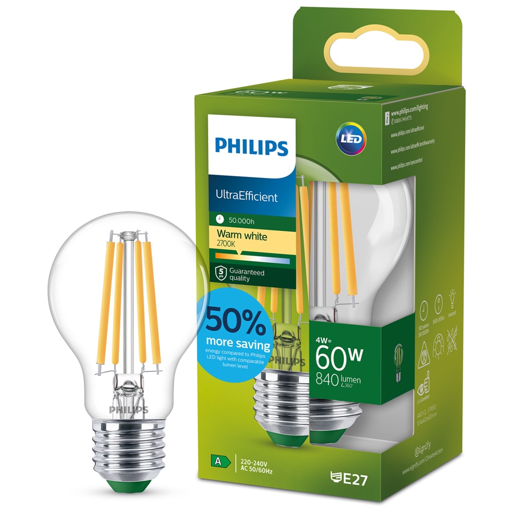Bec LED filament PHILIPS, A60, E27, 4W, 2700K, 840lm, lumina calda