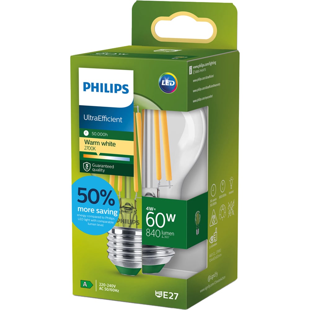 Bec LED filament PHILIPS, A60, E27, 4W, 2700K, 840lm, lumina calda