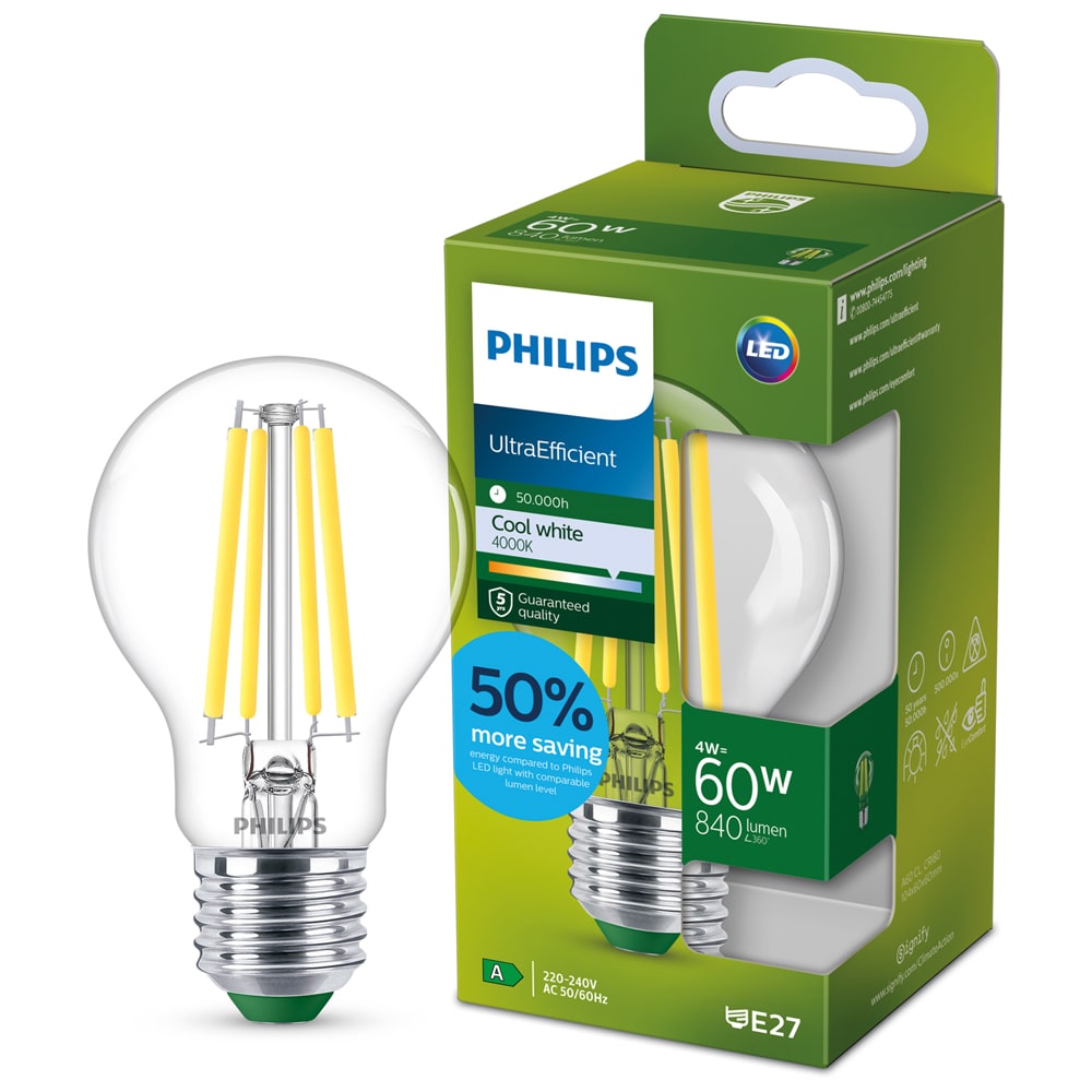 Bec LED filament PHILIPS, A60, E27, 4W, 4000K, 840lm, lumina neutra