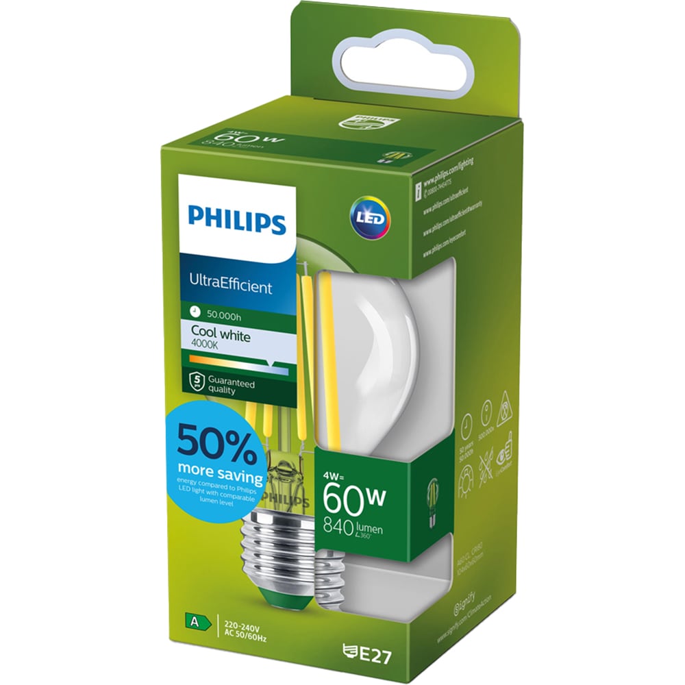 Bec LED filament PHILIPS, A60, E27, 4W, 4000K, 840lm, lumina neutra