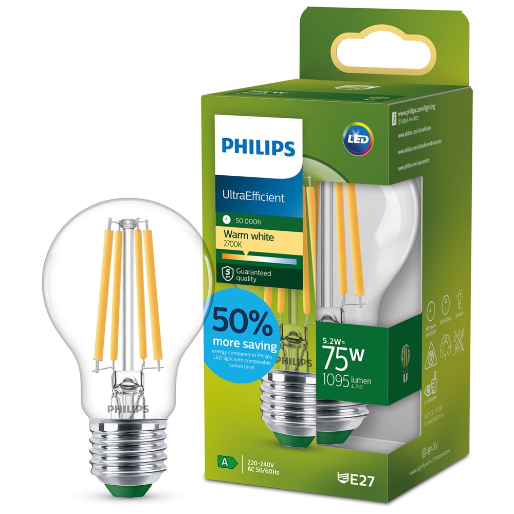 Bec LED filament PHILIPS, A60, E27, 5.2W, 2700K, 1095lm, lumina calda