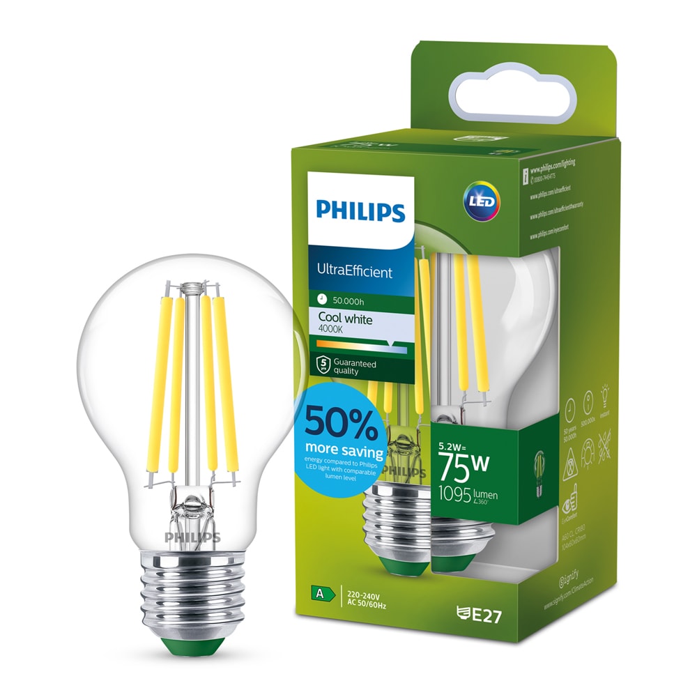 Bec LED filament PHILIPS, A60, E27, 5.2W, 4000K, 1095lm, lumina neutra