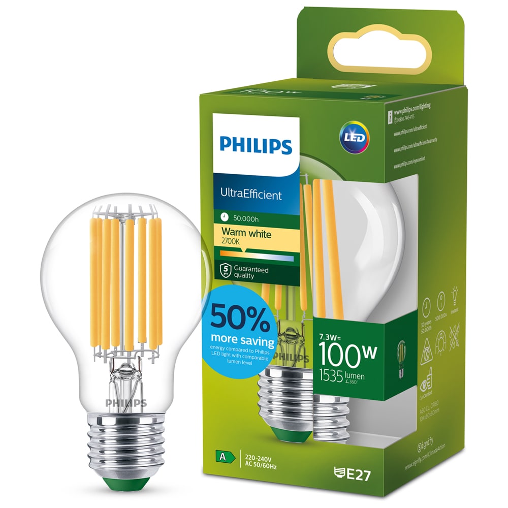 Bec LED filament PHILIPS, A60, E27, 7.3W, 2700K, 1535lm, lumina calda