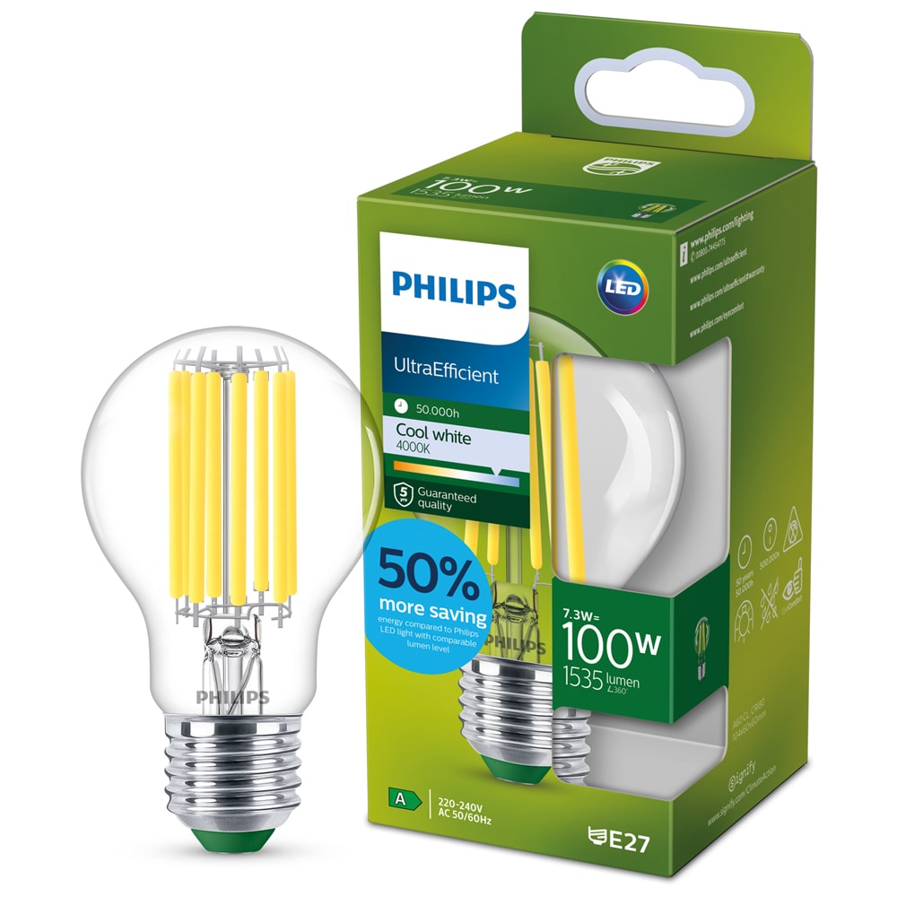 Bec LED filament PHILIPS, A60, E27, 7.3W, 4000K, 1535lm, lumina neutra