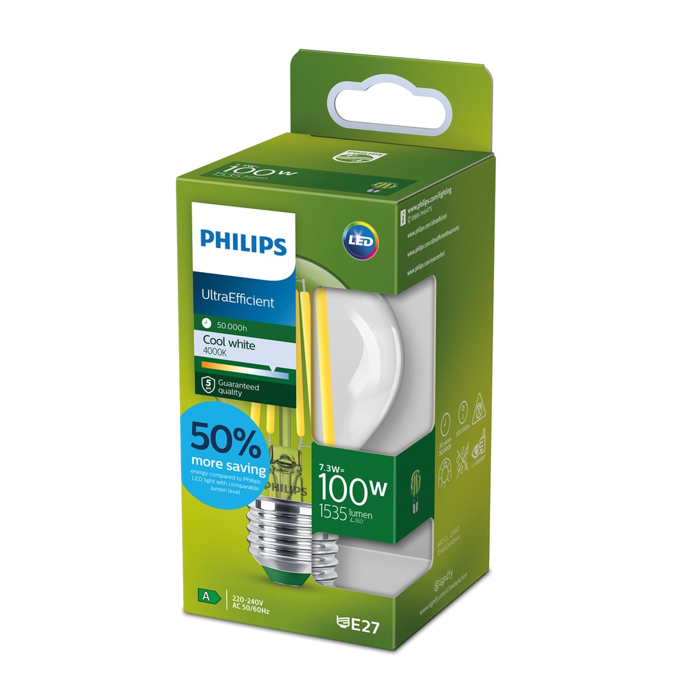 Bec LED filament PHILIPS, A60, E27, 7.3W, 4000K, 1535lm, lumina neutra