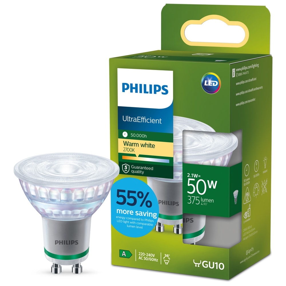 Spot LED PHILIPS, 2.1W, 375lm, IP20, lumina calda, transparent