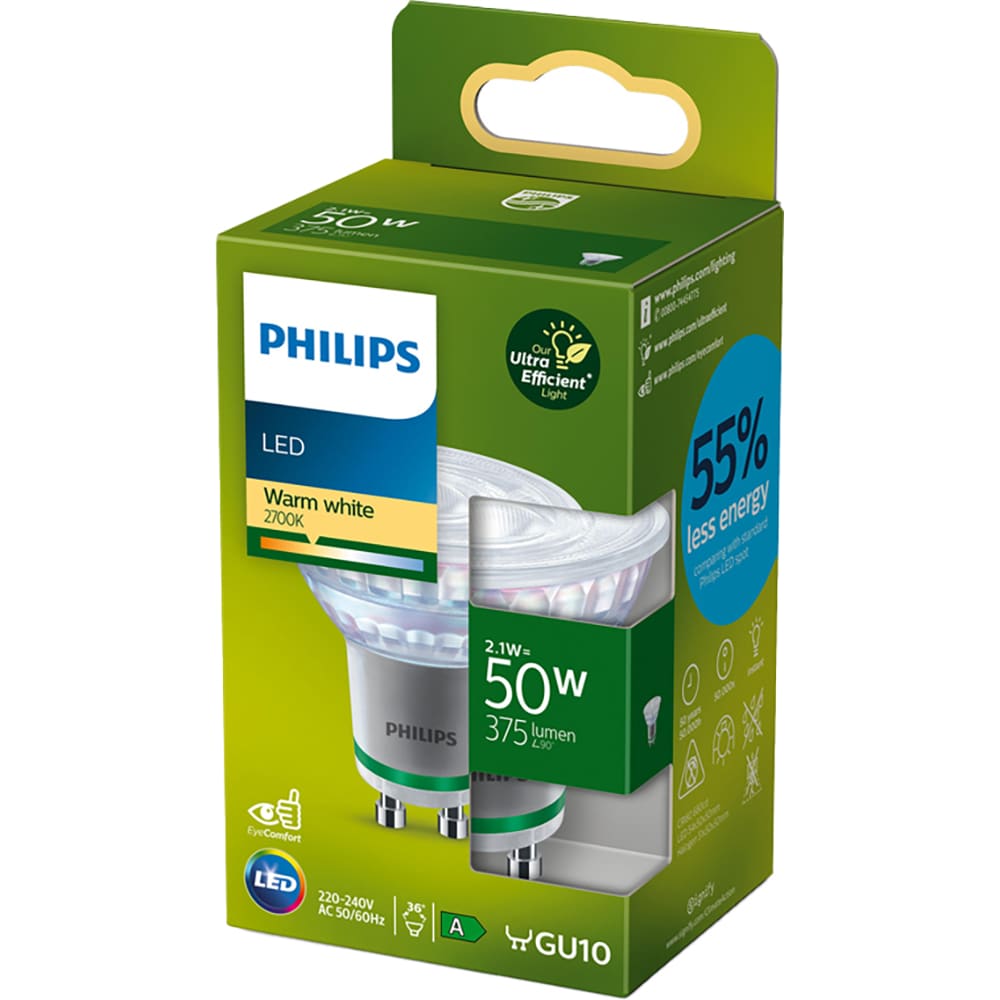 Spot LED PHILIPS, 2.1W, 375lm, IP20, lumina calda, transparent