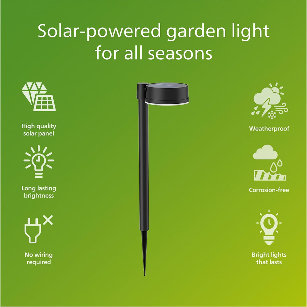 Lampa solara rotunda Philips Vynce, 1.5W, 200lm, IP44, plastic, negru