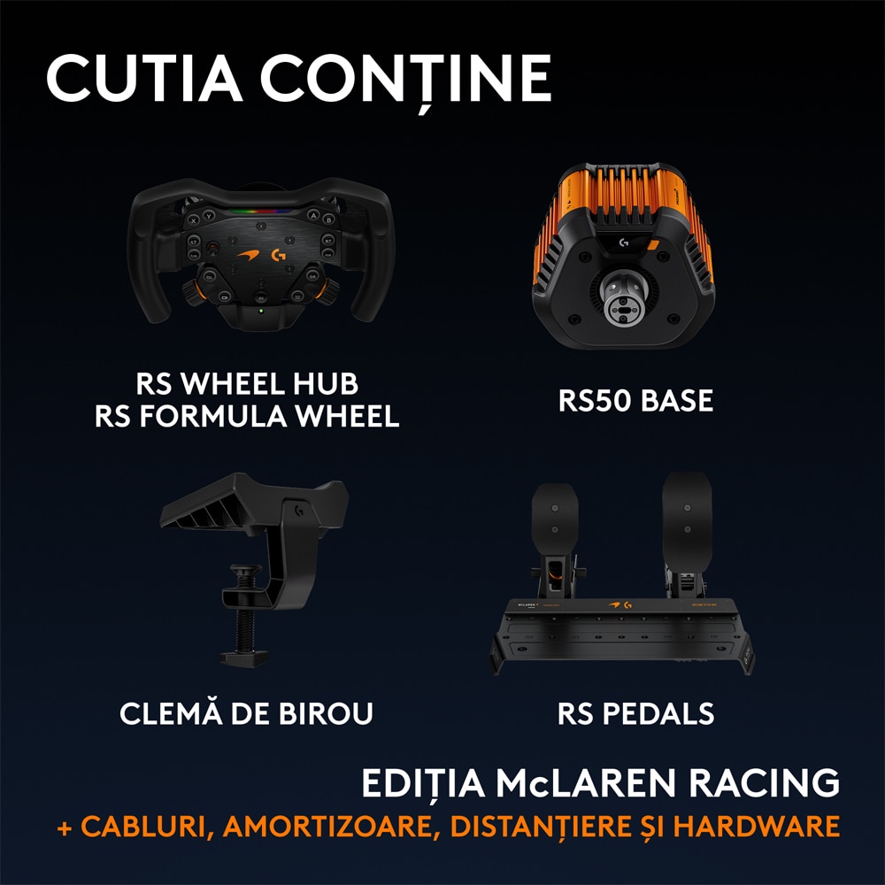 Volan gaming LOGITECH RS50 McLaren Racing Bundle (PS5/PC), negru-portocaliu