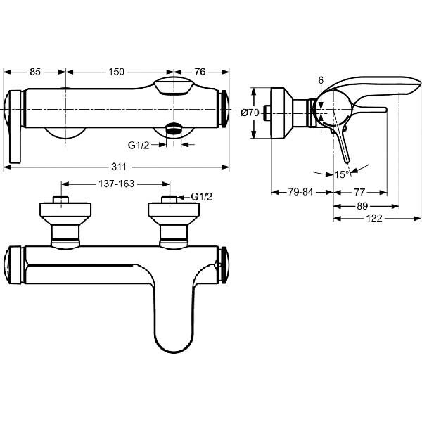 Baterie cada-dus IDEAL STANDARD Melange A4271AA, alama sanitara, crom