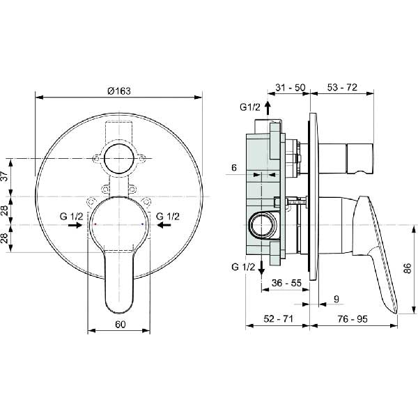 Baterie cada-dus BI IDEAL STANDARD Alpha A7185AA, alama sanitara, crom