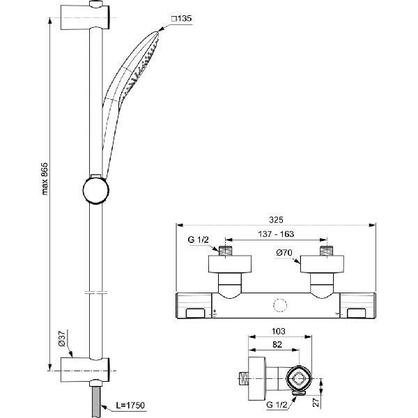 Set baterie dus IDEAL STANDARD Ceratherm T100 A7235AA, termostat, alama sanitara, crom