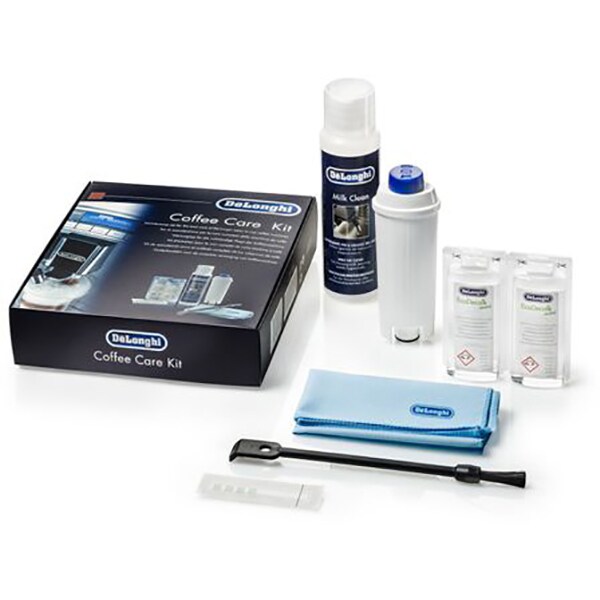 Kit de intretinere DELONGHI COFFEECARE, 1 x filtru de apa, 2 x plic EcoDecalk, 1 x solutie curatare lapte, 1 x panza din microfibra, 1 x tester de duritate a apei, 1 x perie