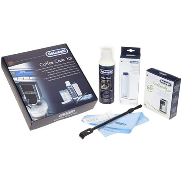 Kit de intretinere DELONGHI COFFEECARE, 1 x filtru de apa, 2 x plic EcoDecalk, 1 x solutie curatare lapte, 1 x panza din microfibra, 1 x tester de duritate a apei, 1 x perie