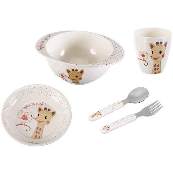 Set complet hranire VULLI Girafa Sophie & Kiwi, 6 luni+, 5 buc, alb