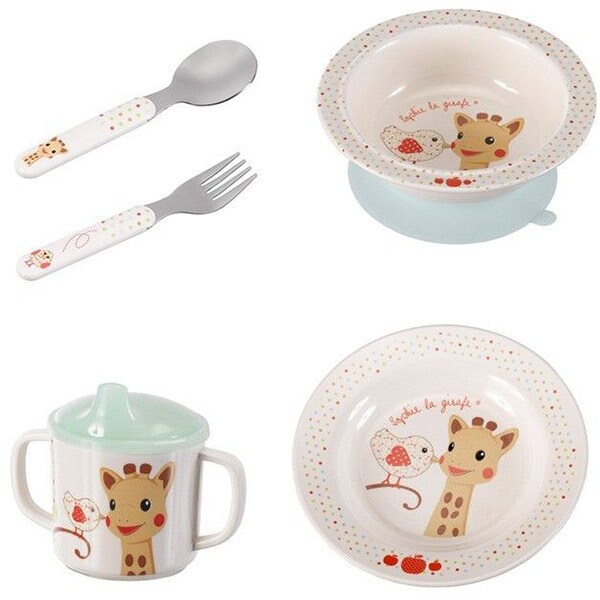 Set complet hranire VULLI Girafa Sophie & Kiwi, 6 luni+, 5 buc, alb-bleu