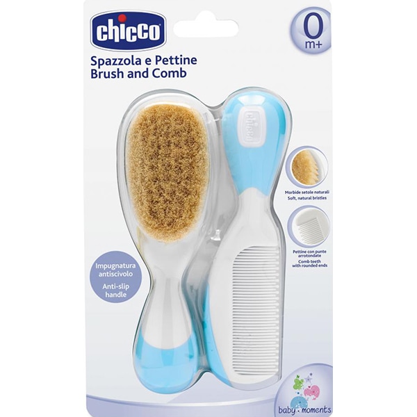 Set pieptan si perie CHICCO, par natural, 0 luni +, bleu