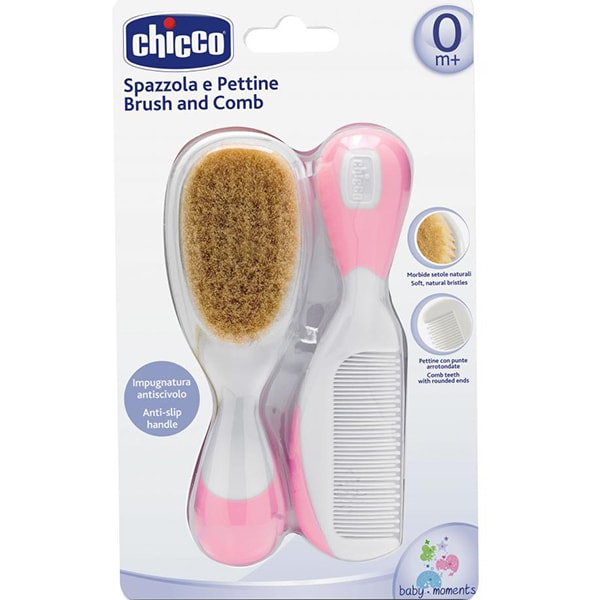 Set pieptan si perie CHICCO, par natural, 0 luni +, roz 