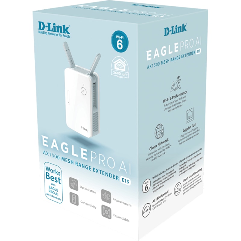 Wireless Range Extender D-LINK Eagle Pro AI AX1500 E15, Wi-Fi 6, Dual-Band 300 + 1201 Mbps, alb