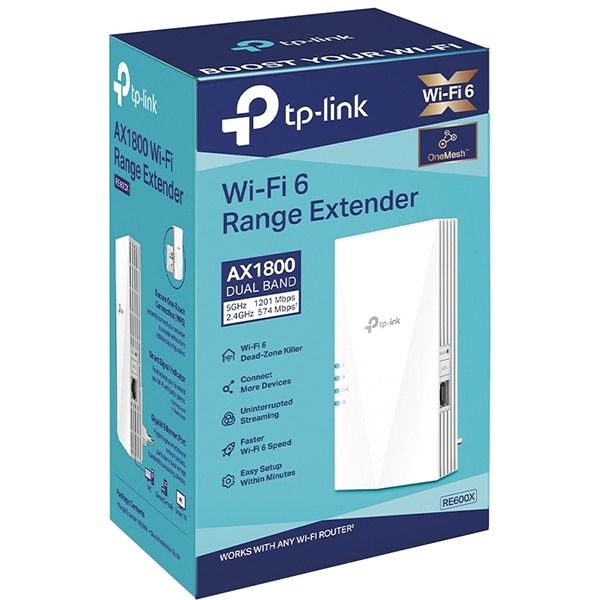 Wireless Range Extender TP-LINK RE600X AX1800, Wi-Fi 6, Dual-Band 574 + 1201 Mbps, alb