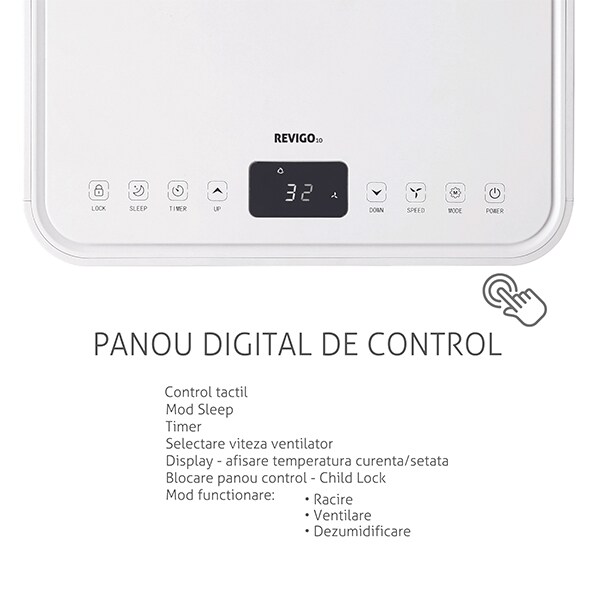 Aer conditionat portabil TURBIONAIRE REVIGO, 10000 BTU, A, Dezumidificare, kit instalare inclus, alb