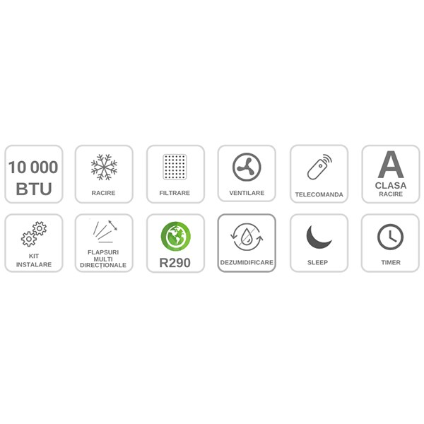 Aer conditionat portabil TURBIONAIRE REVIGO, 10000 BTU, A, Dezumidificare, kit instalare inclus, alb