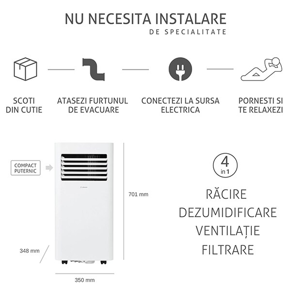 Aer conditionat portabil TURBIONAIRE REVIGO, 10000 BTU, A, Dezumidificare, kit instalare inclus, alb