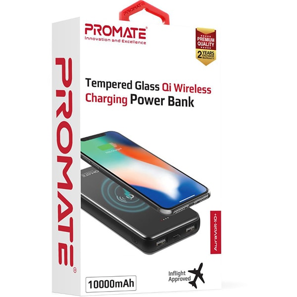 Baterie externa wireless PROMATE AuraVolt-10+, 10000mAh, 2xUSB, 1xType C, negru