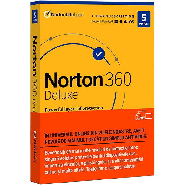 Antivirus NORTON 360 Deluxe, 1 an, 5 utilizatori, Retail