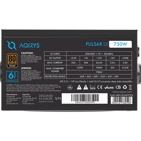 Sursa PC AQIRYS Pulsar, 750W, 120mm, 80 PLUS Bronze