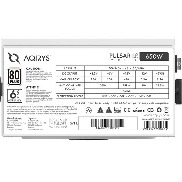 Sursa PC AQIRYS Pulsar LS White, 550W, 120mm, 80 Plus White