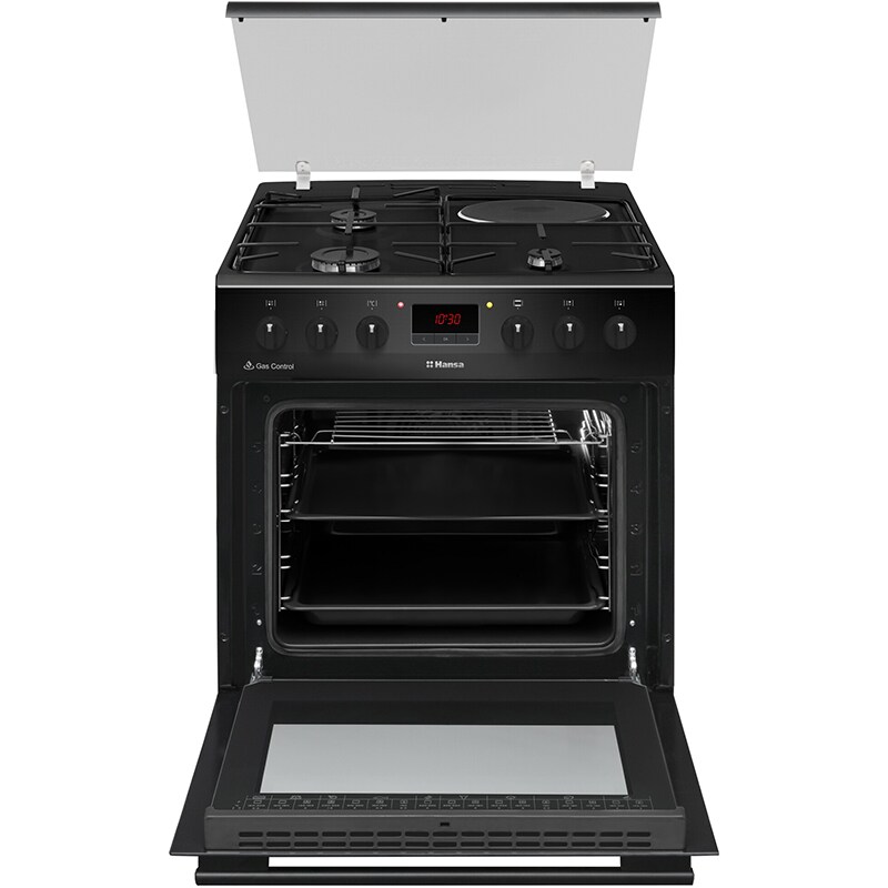 Aragaz HANSA FCMS68249, 4 arzatoare, Gaz + Electric, L 60 cm, Grill, negru