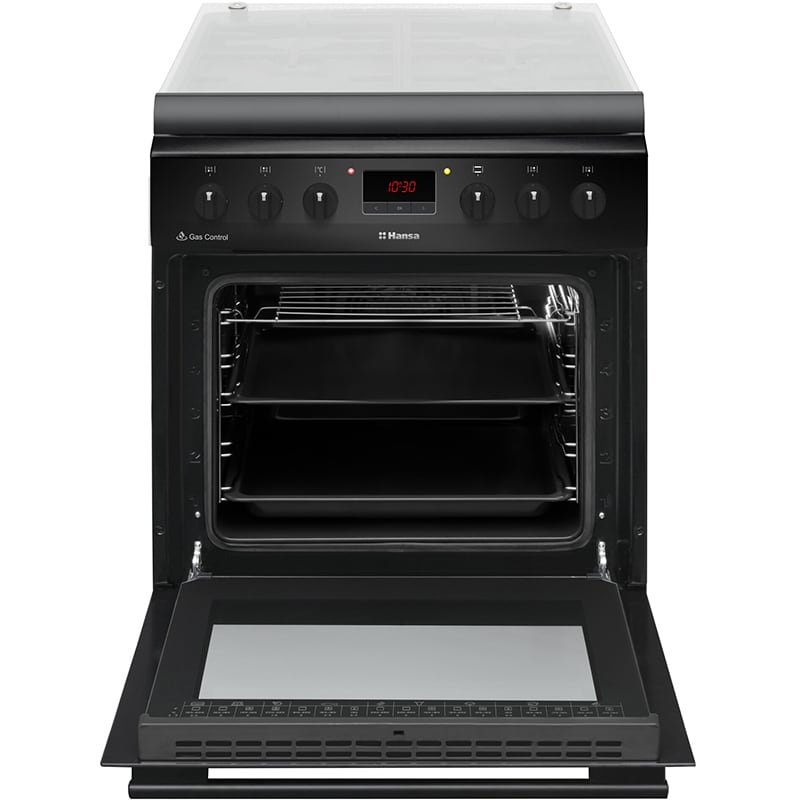 Aragaz HANSA FCMS68249, 4 arzatoare, Gaz + Electric, L 60 cm, Grill, negru