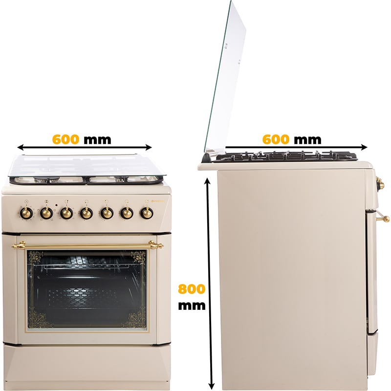Aragaz VORTEX VAM6060BJ02K, 4 arzatoare, Gaz + Electric, L 60 cm, Grill, bej