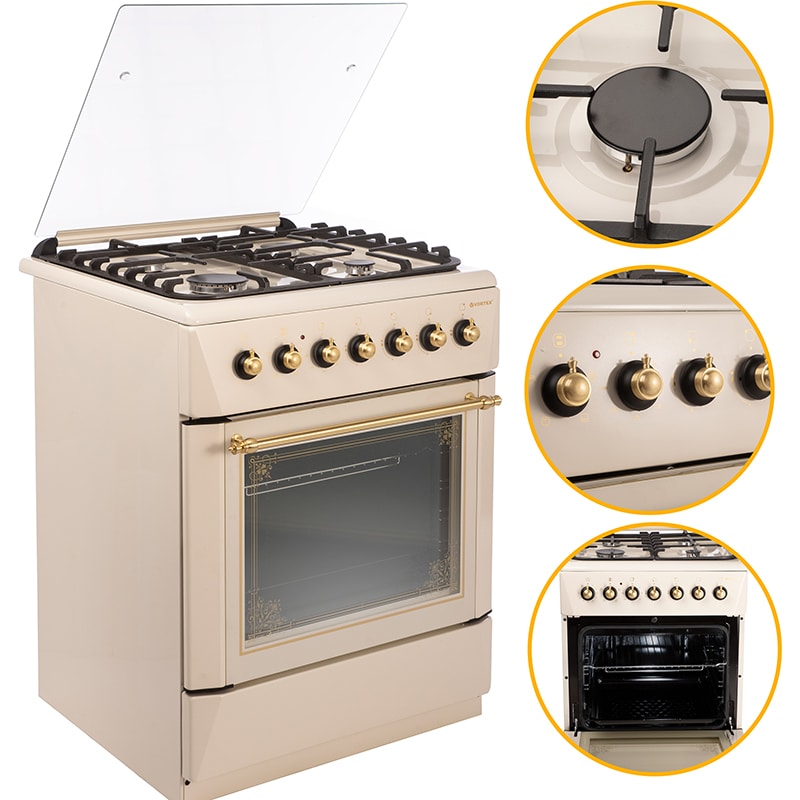 Aragaz VORTEX VAM6060BJ02K, 4 arzatoare, Gaz + Electric, L 60 cm, Grill, bej