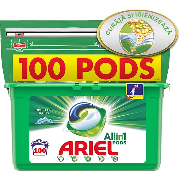 Detergent capsule ARIEL All in One PODS Mountain Spring, 100 spalari