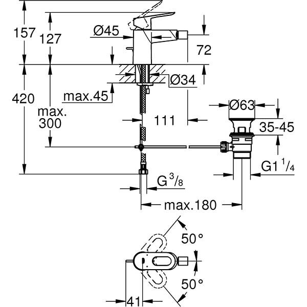 Baterie bideu GROHE BauLoop 23338000, metal, crom