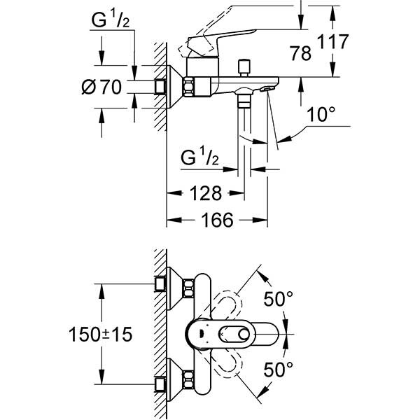 Baterie cada-dus GROHE BauLoop 23341000, metal, crom