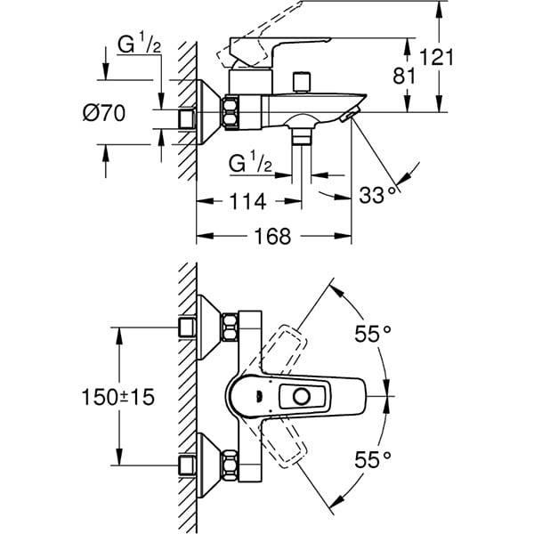 Baterie cada-dus GROHE Bauloop 23602001, alama, argintiu