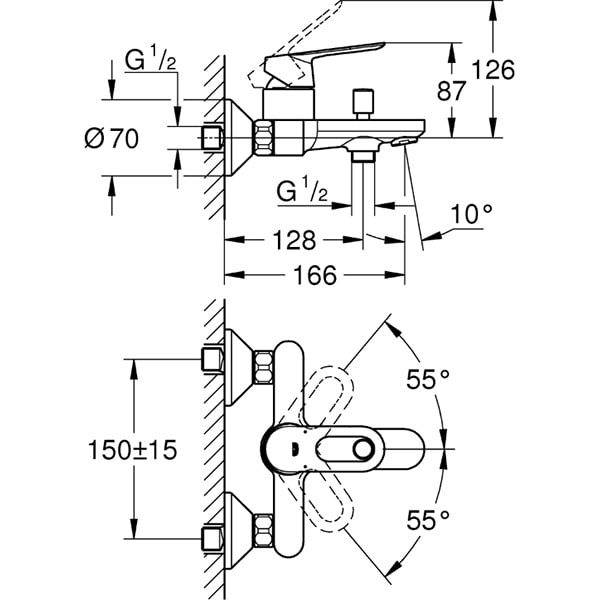 Baterie cada-dus GROHE Bauloop 23603000, alama, argintiu