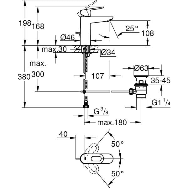 Baterie lavoar GROHE BauLoop 23762000, marimea M, metal, crom