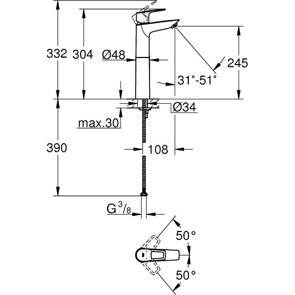 Baterie lavoar GROHE Bauloop 23764001, marimea XL, alama, argintiu