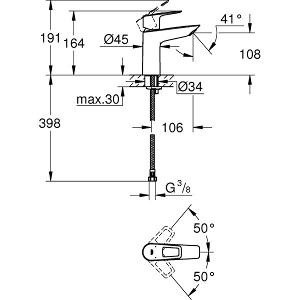 Baterie lavoar GROHE Bauloop 23917001, marimea M, alama, argintiu