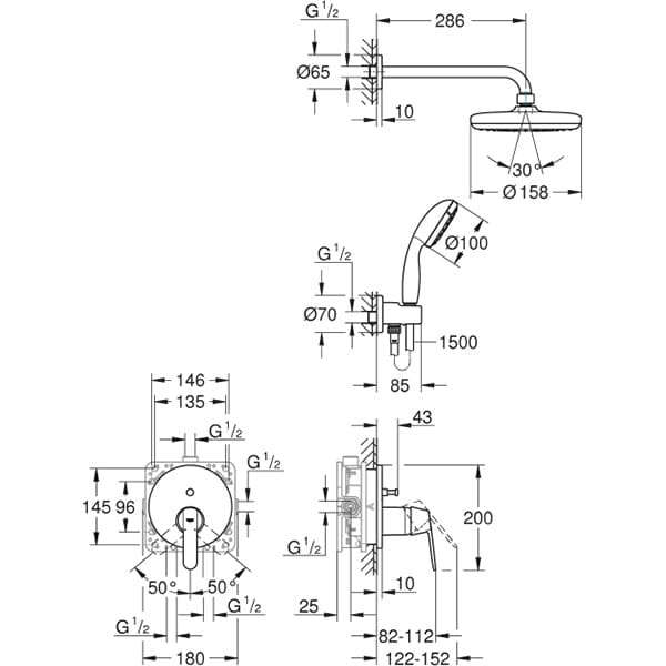 Sistem dus incastrat GROHE Get 25220001, 1 functie, argintiu