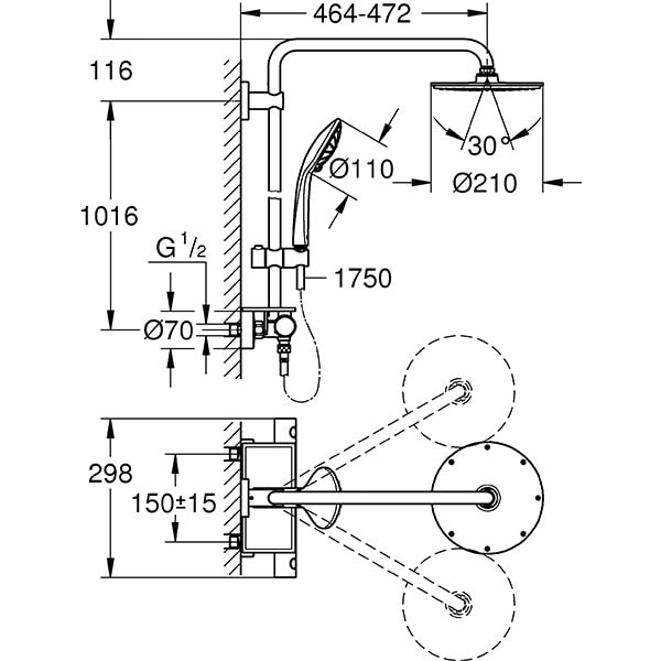 Sistem dus GROHE Euphoria 210 26363000, termostat, 3 functii, argintiu