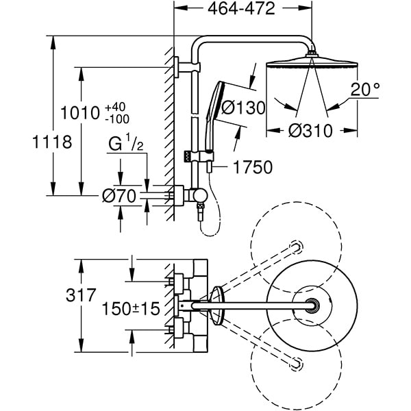 Sistem dus GROHE Rainshower SmartActive 310 26647000, termostat, 1 functie, crom