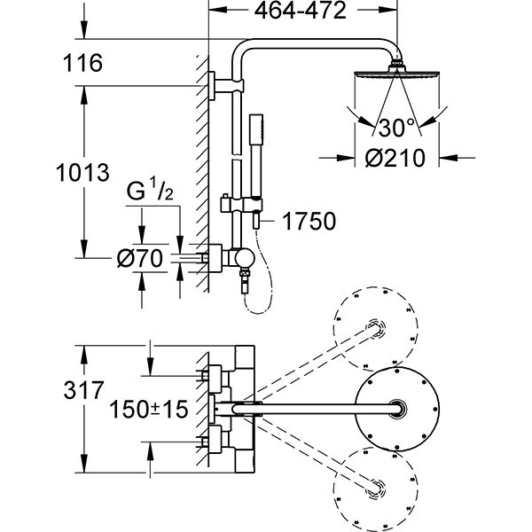 Sistem dus GROHE Rainshower 210 27032001, termostat, 2 functii, argintiu