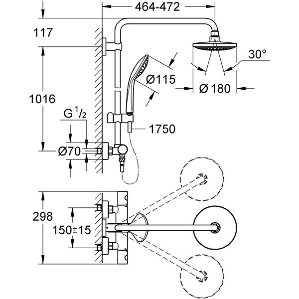 Sistem dus GROHE Euphoria 180 27296001, termostat, 3 functii, argintiu